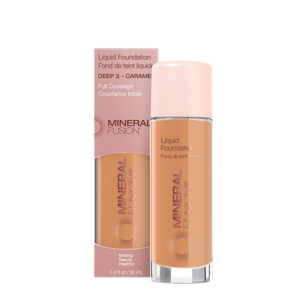 Mineral Fusion Full Coverage Foundation Deep 2 Tan bottle for radiant balance.