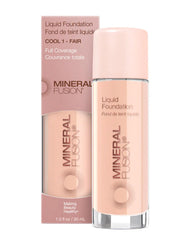 Mineral Fusion full-coverage liquid foundation Cool 1 Fair bottle for a lightweight, blendable finish.
