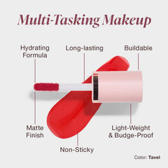 Mineral Fusion Lip Stain Tavel swatch on skin reveals sheer to bold coral color