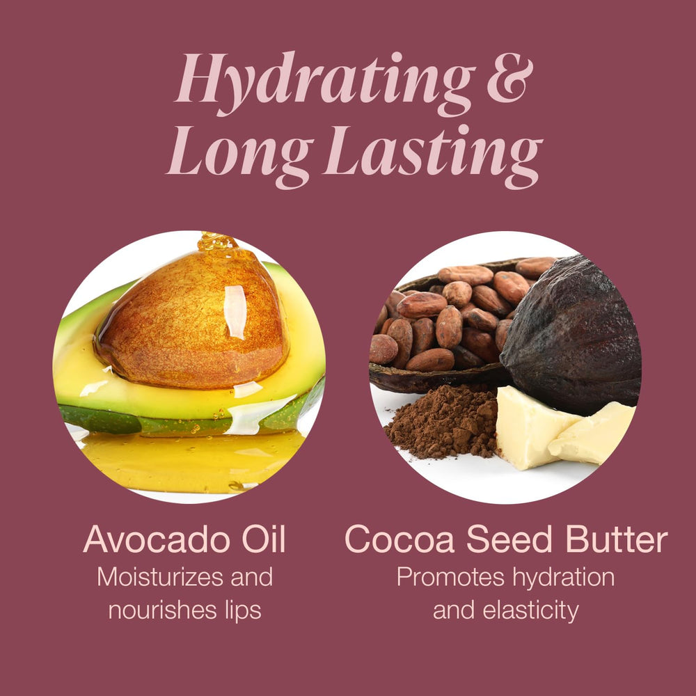 Ingredients focus: avocado oil and cocoa butter nourish lips while color stays vibrant.