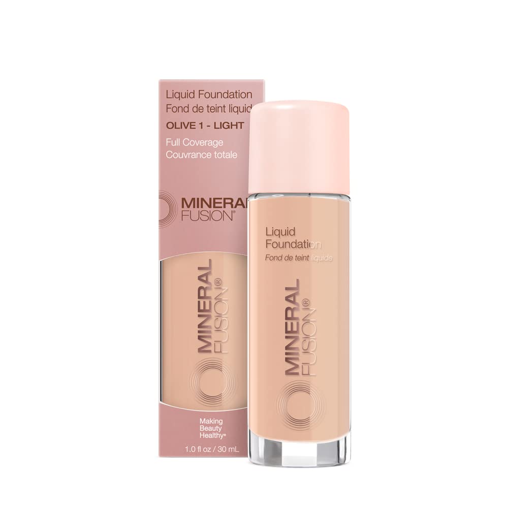 Mineral Fusion Olive 1 liquid foundation swatch for even coverage