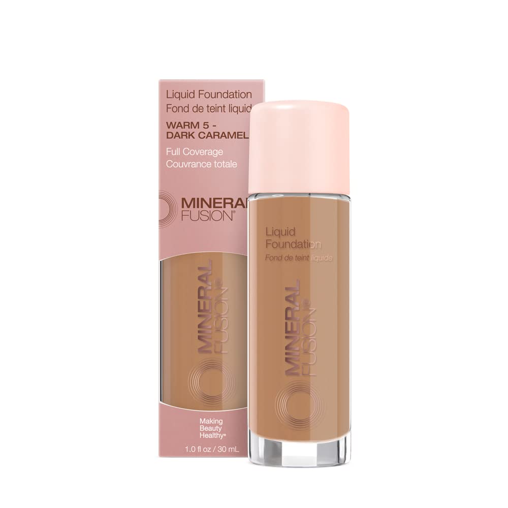 Mineral Fusion liquid foundation Warm 5 tan bottle for even skin tone and natural finish