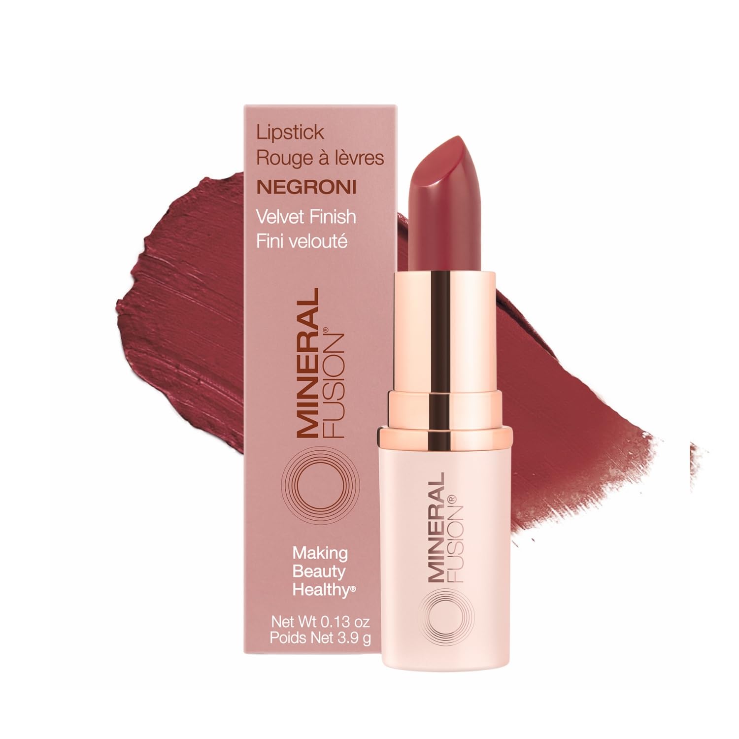 Mineral Fusion Negroni lipstick packaging shows durable, vibrant color.