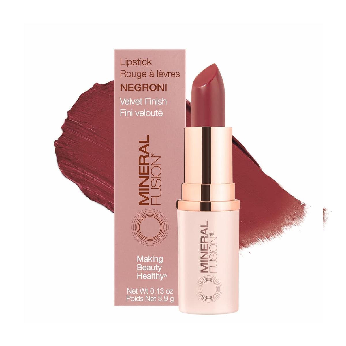 Mineral Fusion Negroni lipstick packaging shows durable, vibrant color.