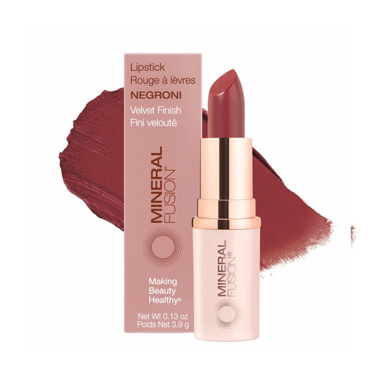 Mineral Fusion Negroni lipstick packaging shows durable, vibrant color.