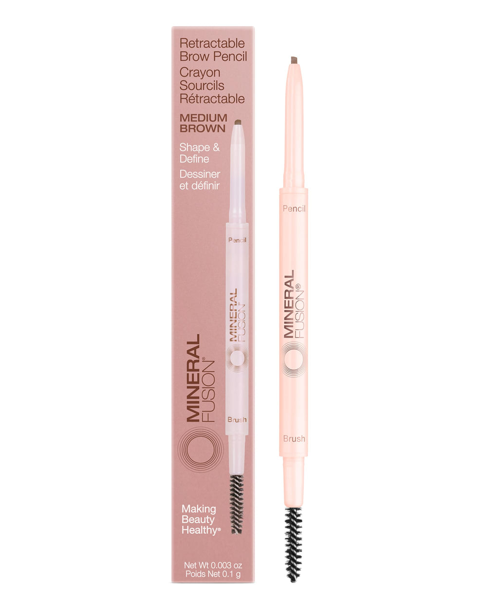 Mineral Fusion retractable brow pencil in medium brown provides precise, natural definition.