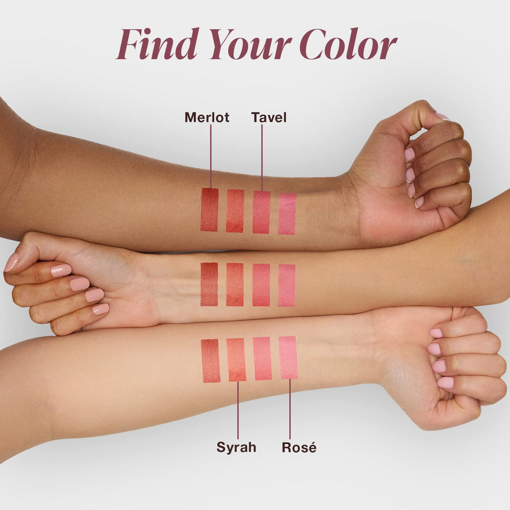 Mineral Fusion Rose Lip Cheek Stain swatch on lips shows a soft matte Rose hue.