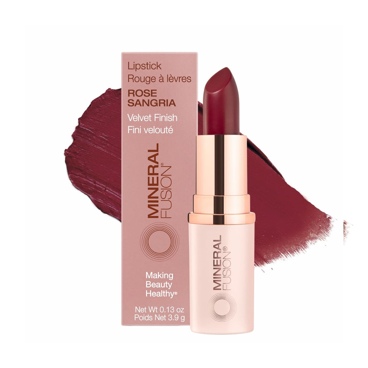 Mineral Fusion Rose Sangria lipstick swatches show vibrant, long-lasting color.