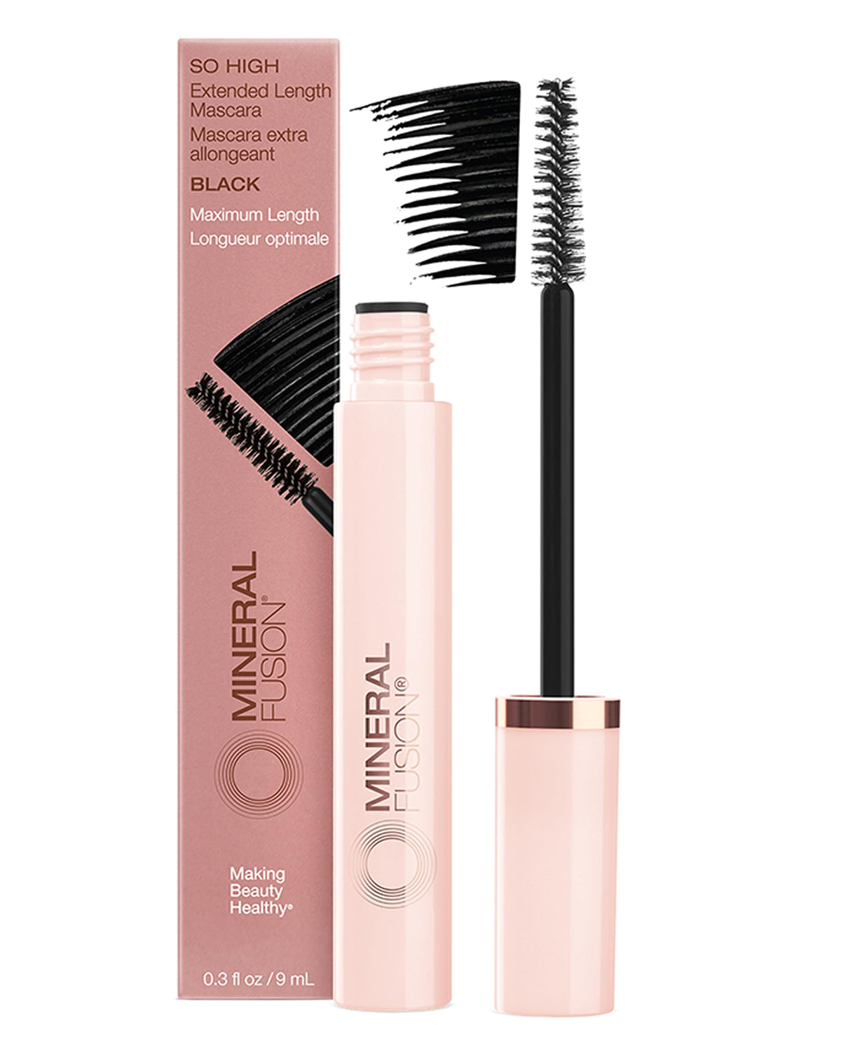 Mineral Fusion So High mascara black tube close-up highlighting sleek packaging and long wear.