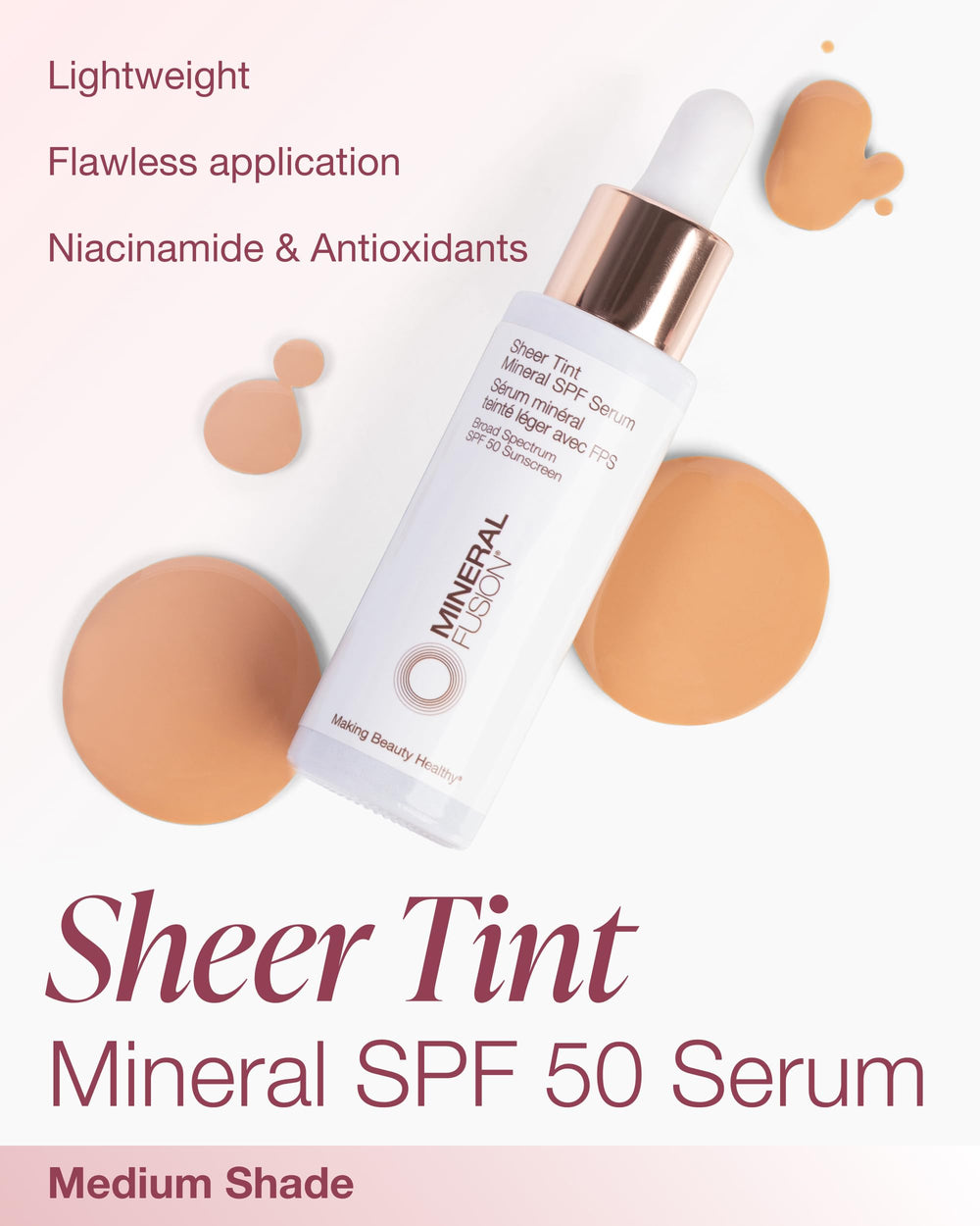 Mineral Fusion SPF 50 tinted serum swatches show natural coverage.