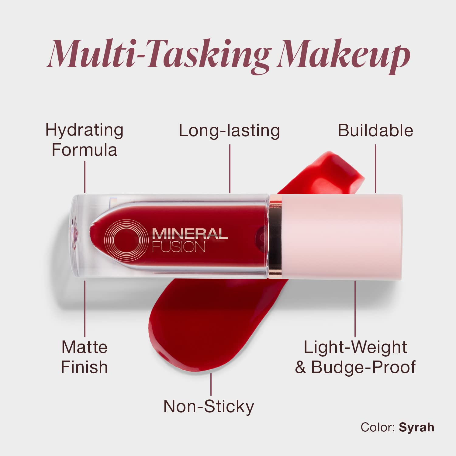 Mineral Fusion Syrah lip stain applicator provides easy, precise color application.