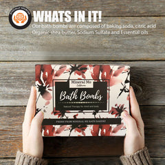 Mineral Me California bath bombs hand-held display shows product details.