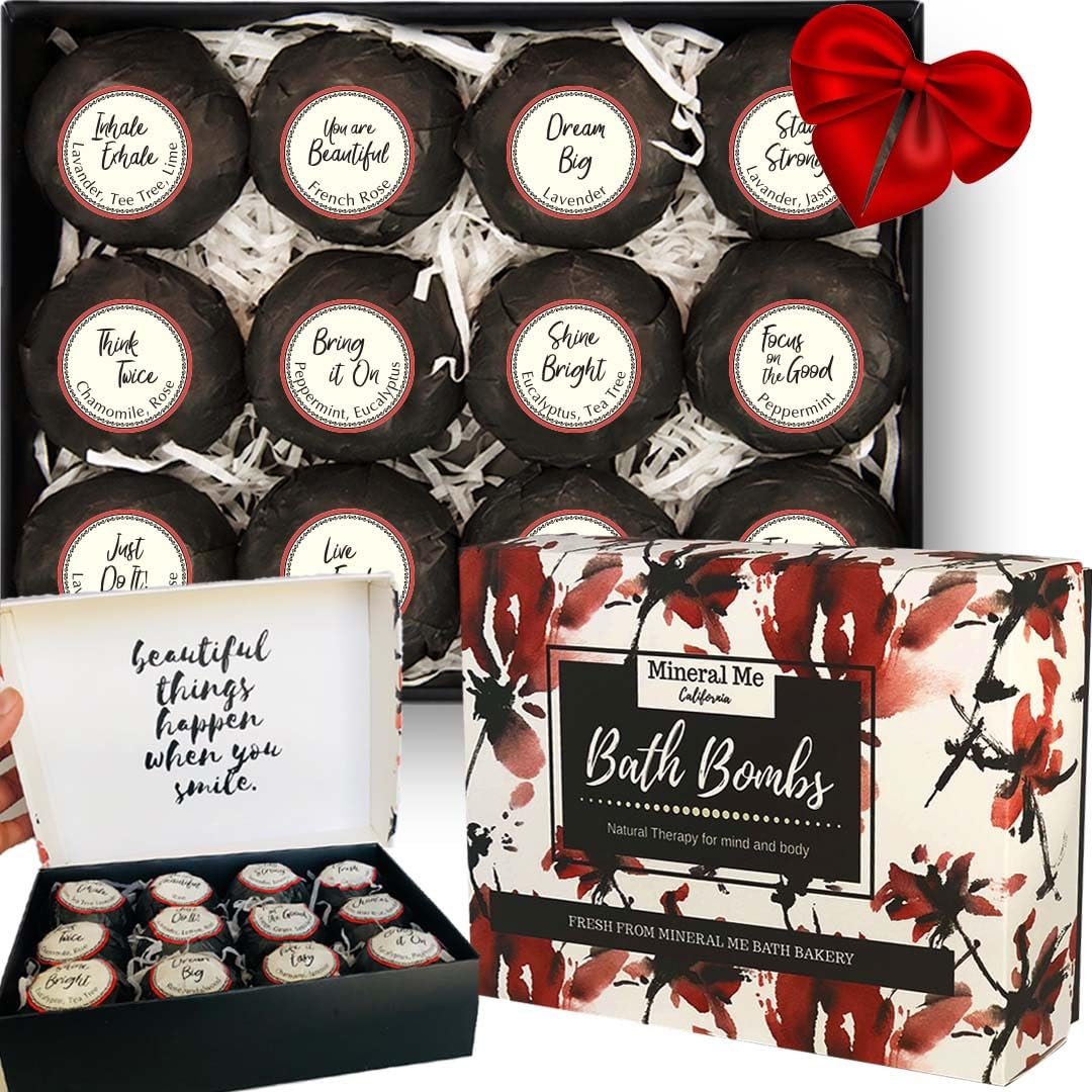 Mineral Me California bath bombs in gift packaging, ideal for self-care gifting.