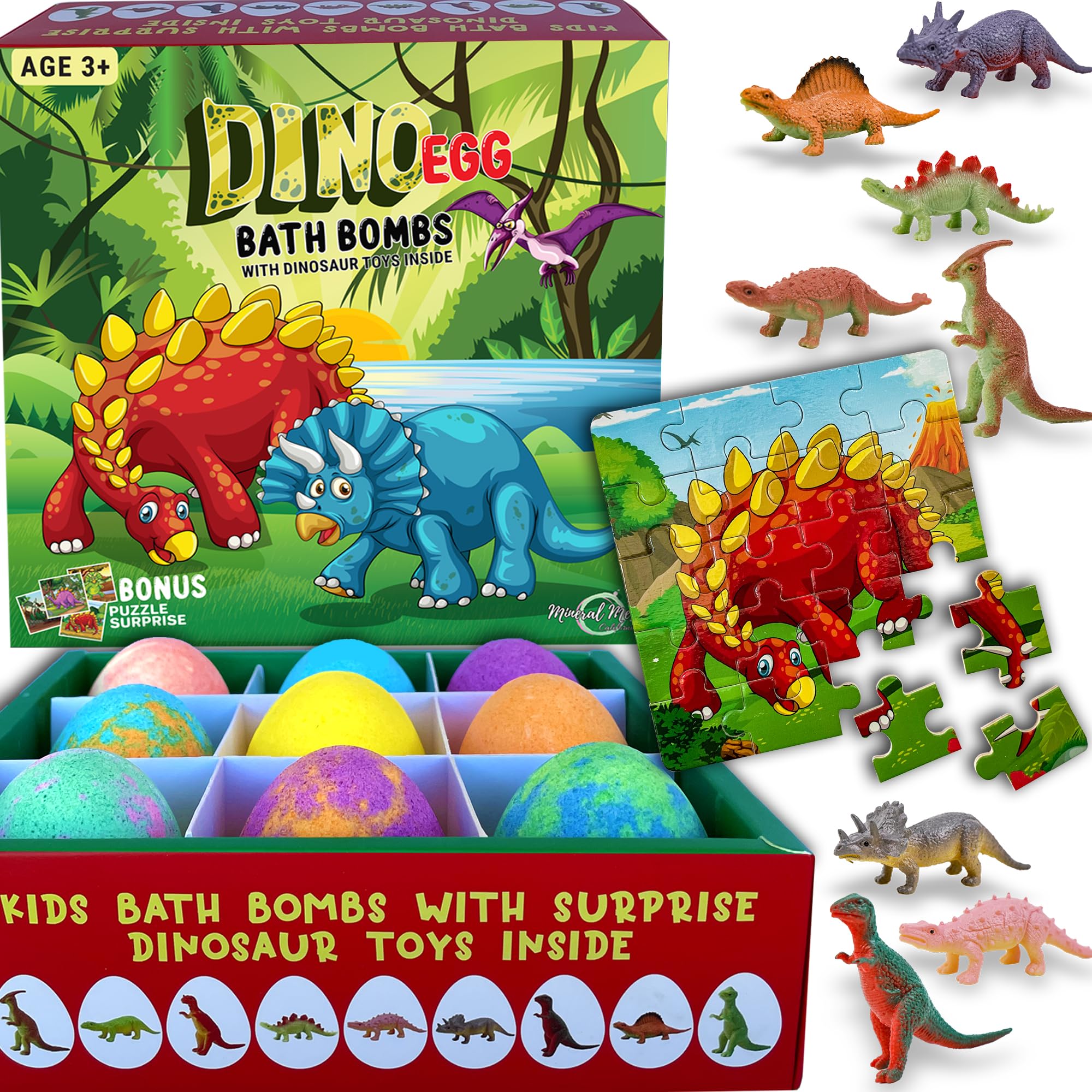 Mineral Me California dino-egg-bath-bomb with toy inside sparks imaginative bath play.