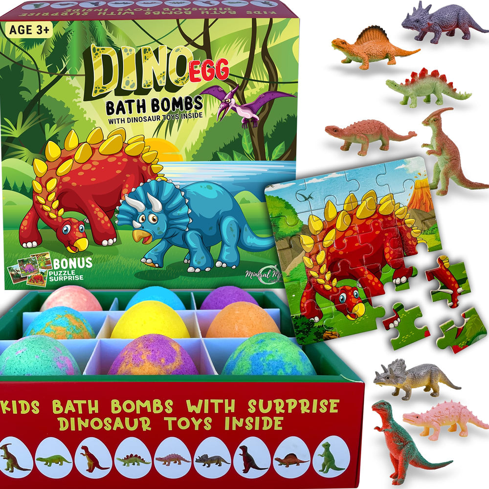 Mineral Me California dino-egg-bath-bomb with toy inside sparks imaginative bath play.