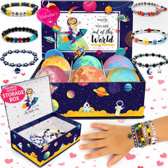 Mineral Me California galaxy bath bomb box reveals a colorful bracelet for kids' bath time fun.