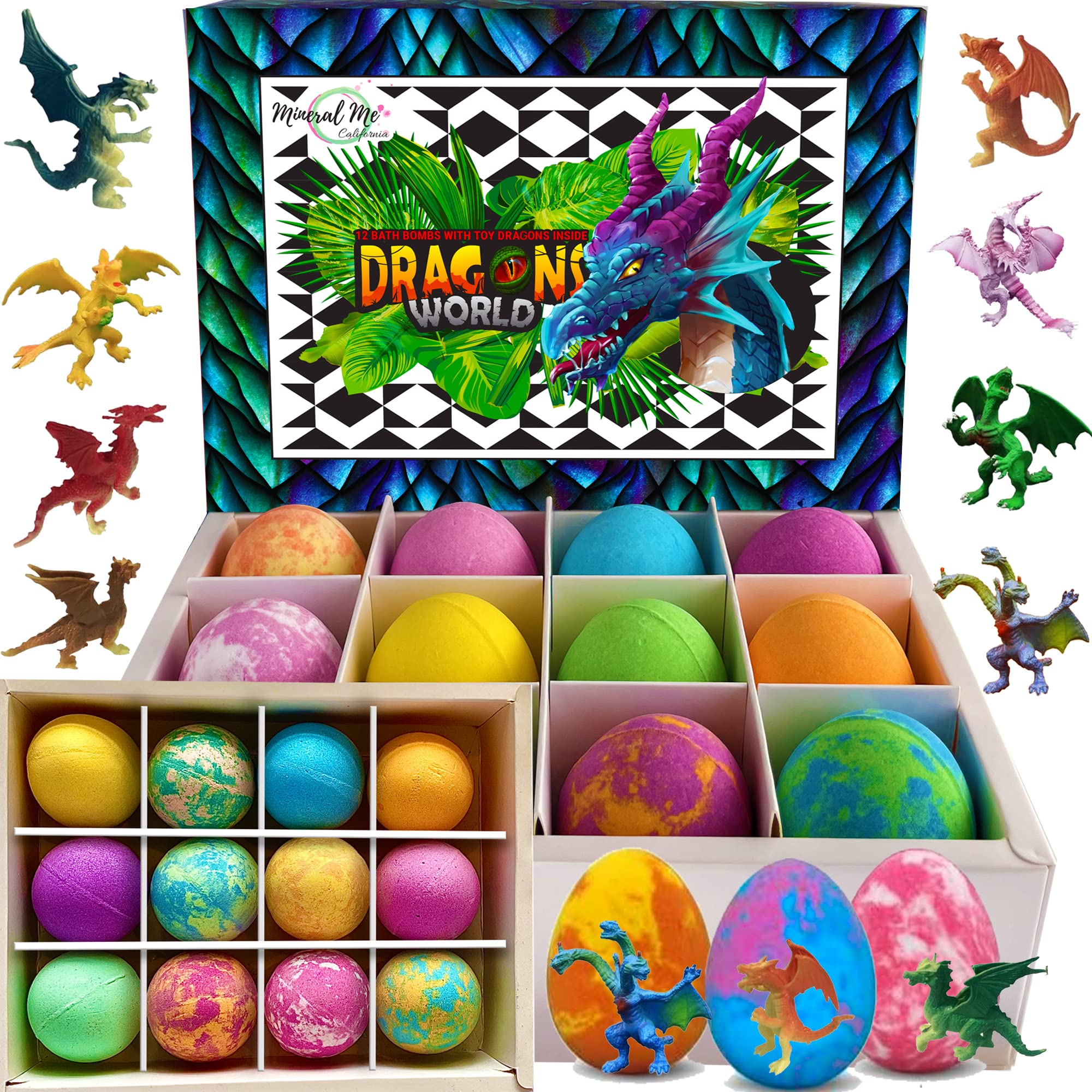 Mineral Me California kids bath bombs dragon eggs pack with colorful bubbles and a surprise toy.