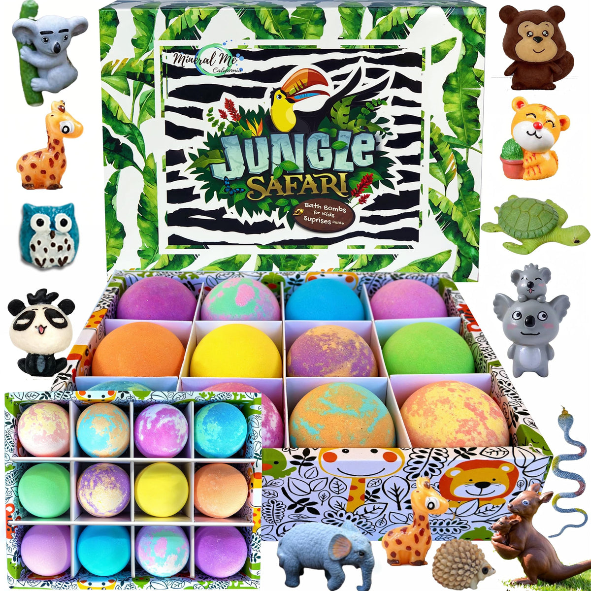 Mineral Me California bath bombs reveal jungle animal toy inside for playful bath time.