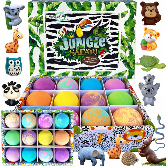 Mineral Me California bath bombs reveal jungle animal toy inside for playful bath time.