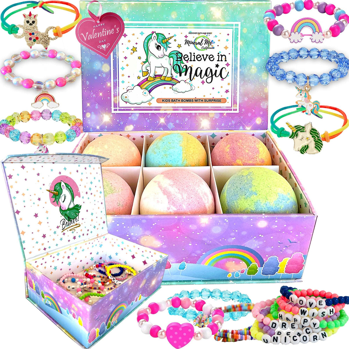 Mineral Me California unicorn bath bombs reveal hidden bracelets inside for playful bath time