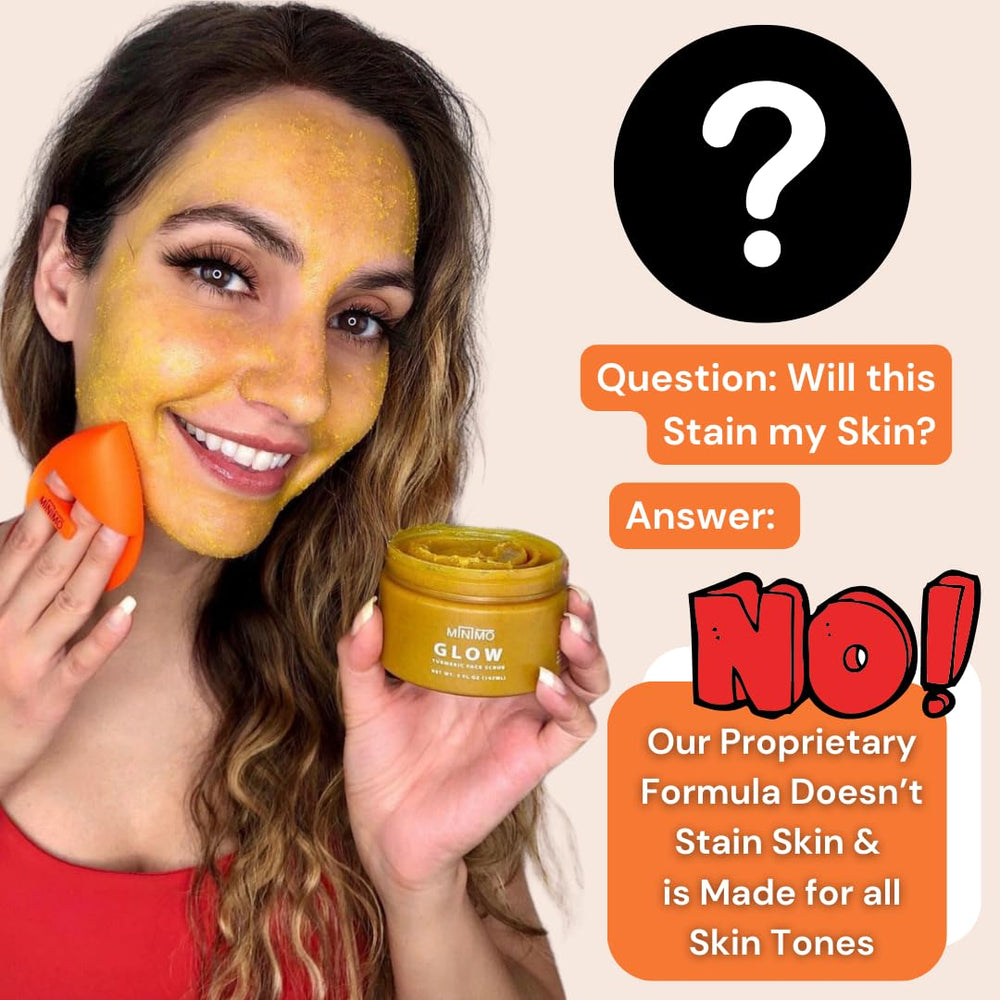 Minimo Glow Scrub in use showing two-in-one exfoliator and mask on clean skin.