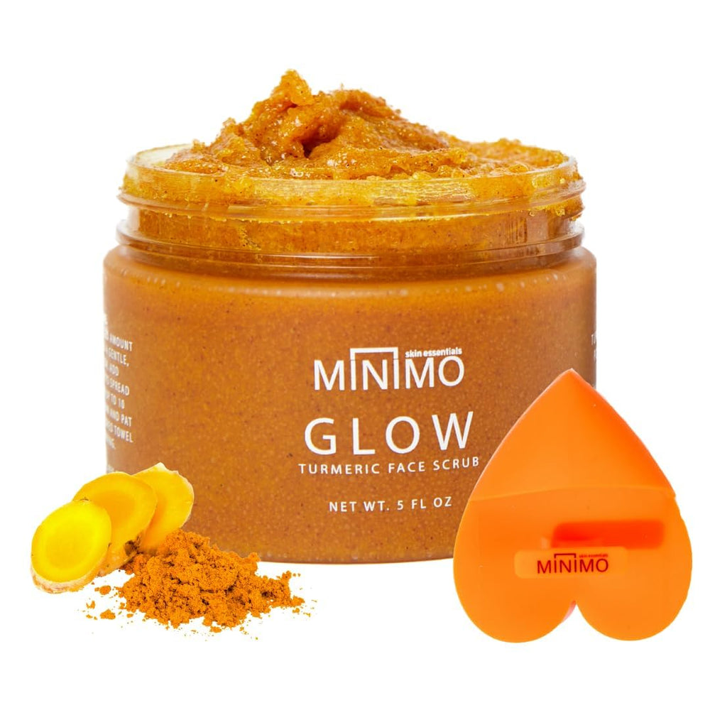 Minimo Glow Turmeric Face Scrub with Heart Applicator—gentle radiance boost for all skin types.