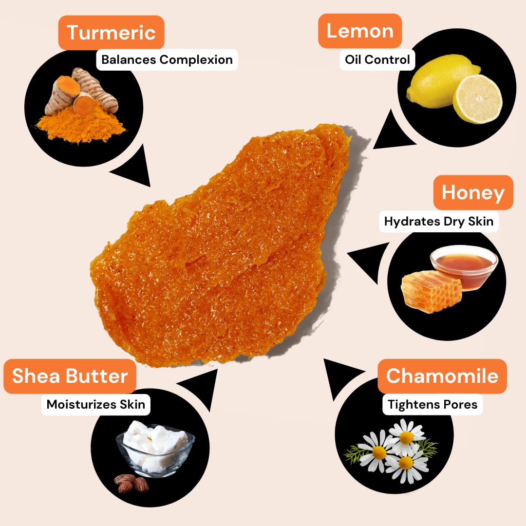 Minimo Glow Turmeric Face Scrub ingredients showcase cinnamon and Abyssinian oil benefits.