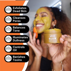 Minimo Glow Turmeric Face Scrub jar with turmeric, honey, and chamomile ingredients.