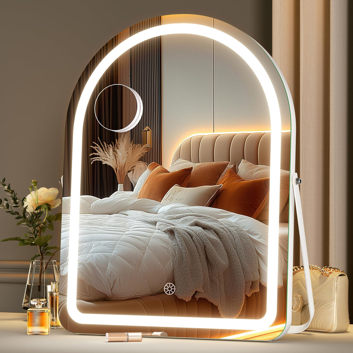MINISO vanity mirror with arched frame for wide facial coverage.