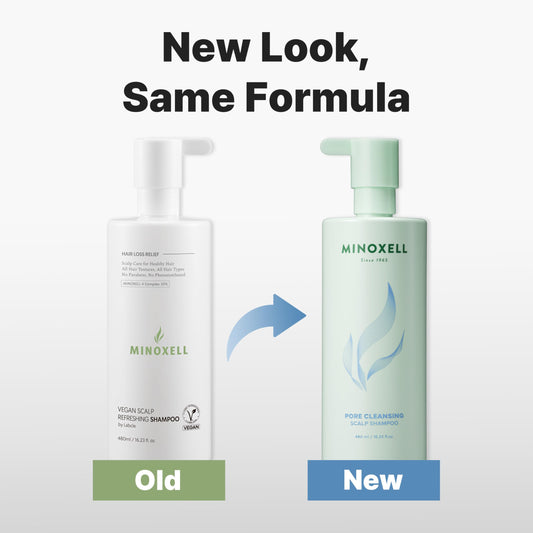 MINOXELL shampoo being poured for easy application to purify oily roots
