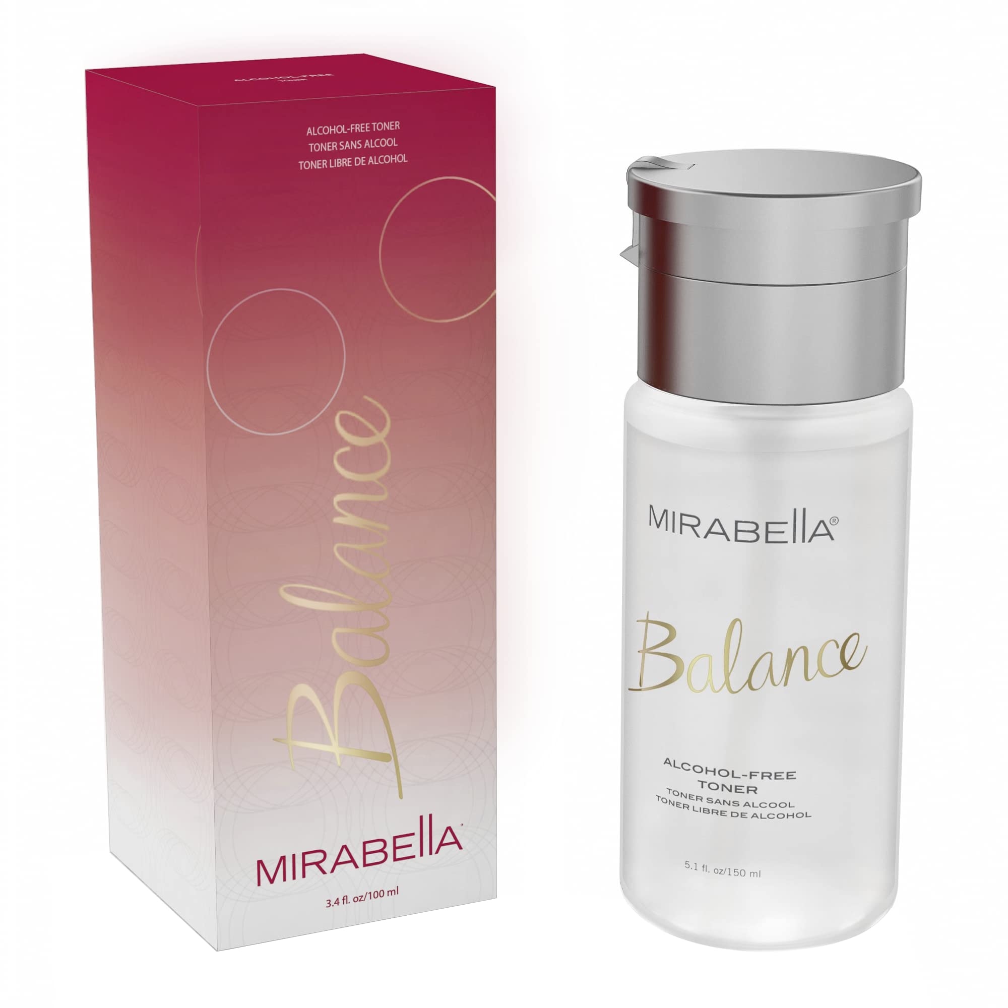 Mirabella Balance Toner bottle showing unscented, alcohol-free hydration for all skin types.