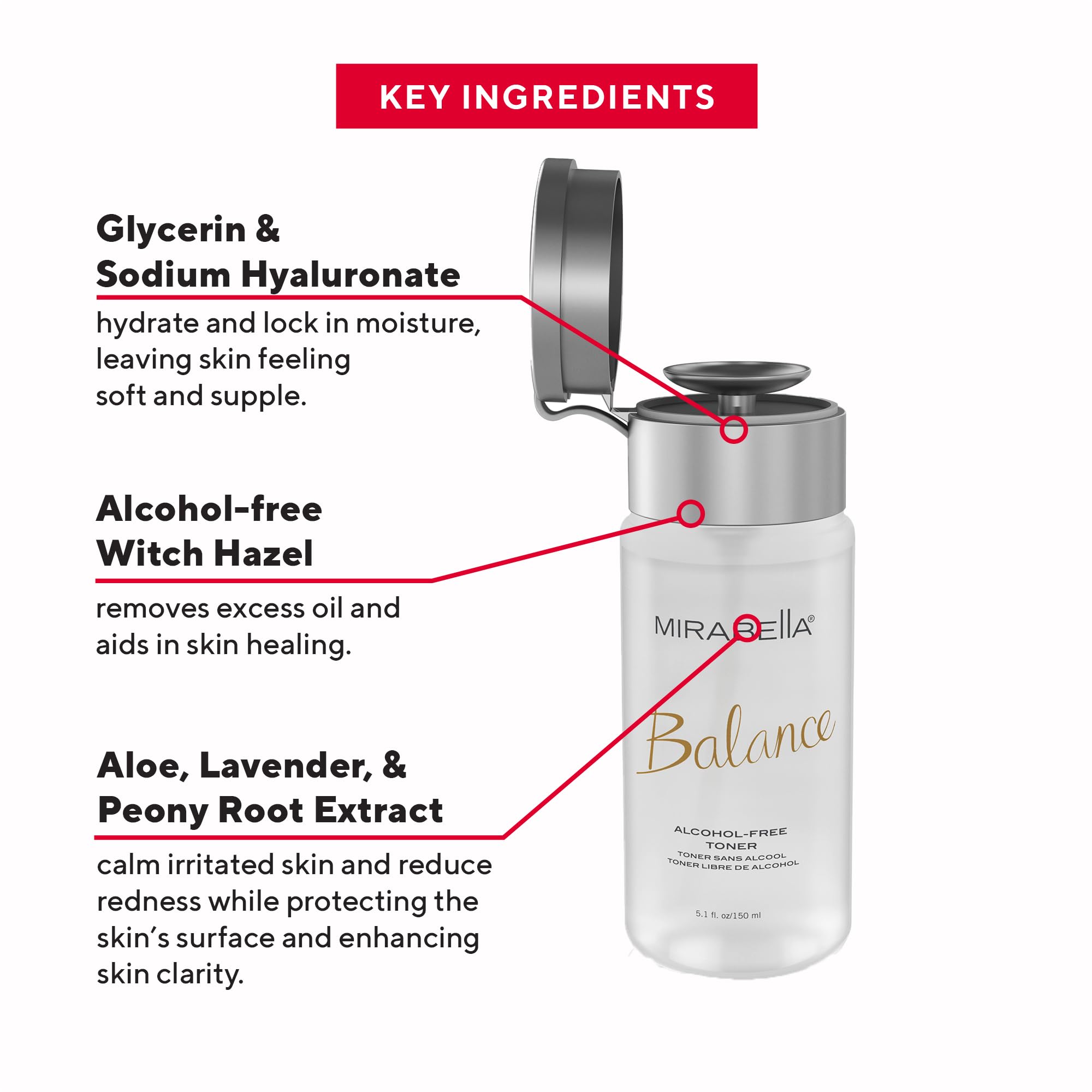 Mirabella Balance Toner ingredients highlight glycerin for lasting hydration.