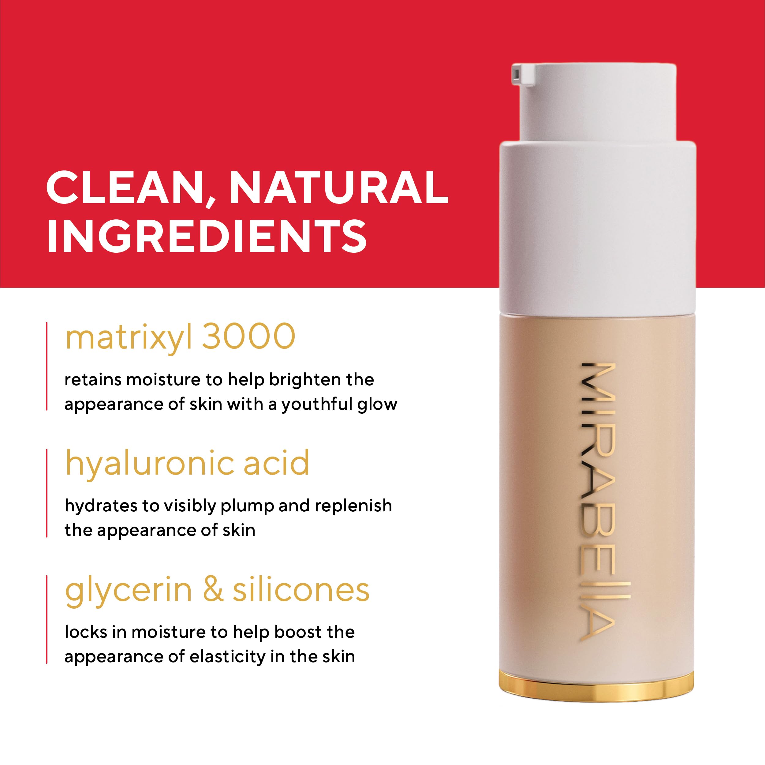 Mirabella Invincible HD bottle in glass with airless pump preserves moisture.