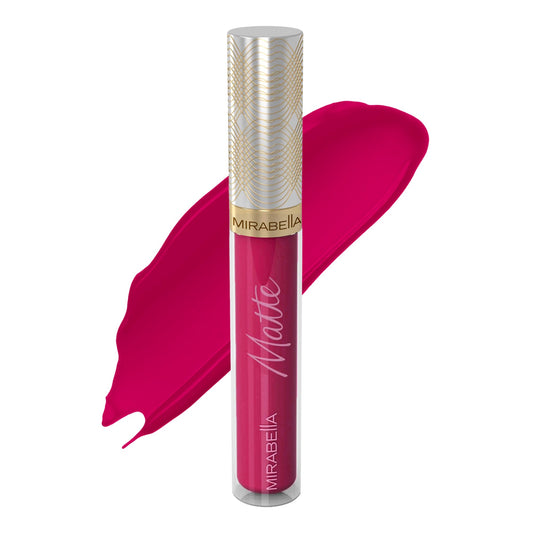 Mirabella Luxe Matte Lip Gloss bottle close-up shows velvety, long-wear color.