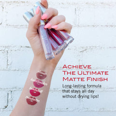 Mirabella Luxe Matte Lip Gloss on lips highlighting comfortable, feather-proof finish.