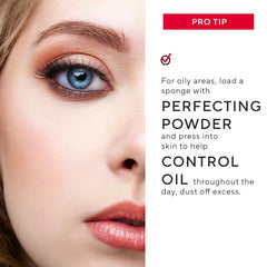 Mirabella Perfecting Loose Powder oil-absorption close-up demonstrates shine control.