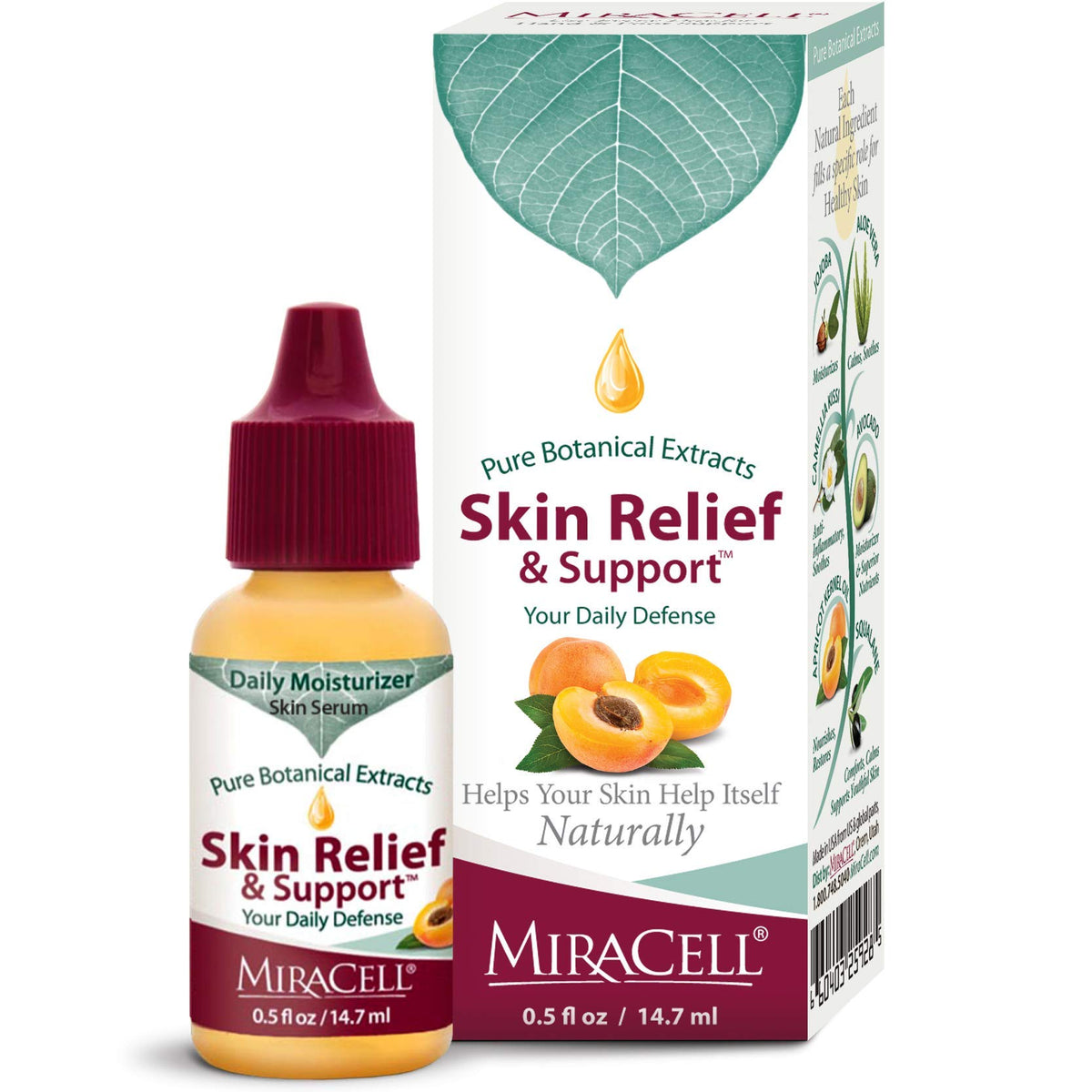 Miracell Skin Relief & Support Oil bottle showing fast-absorbing hydration for dry skin.