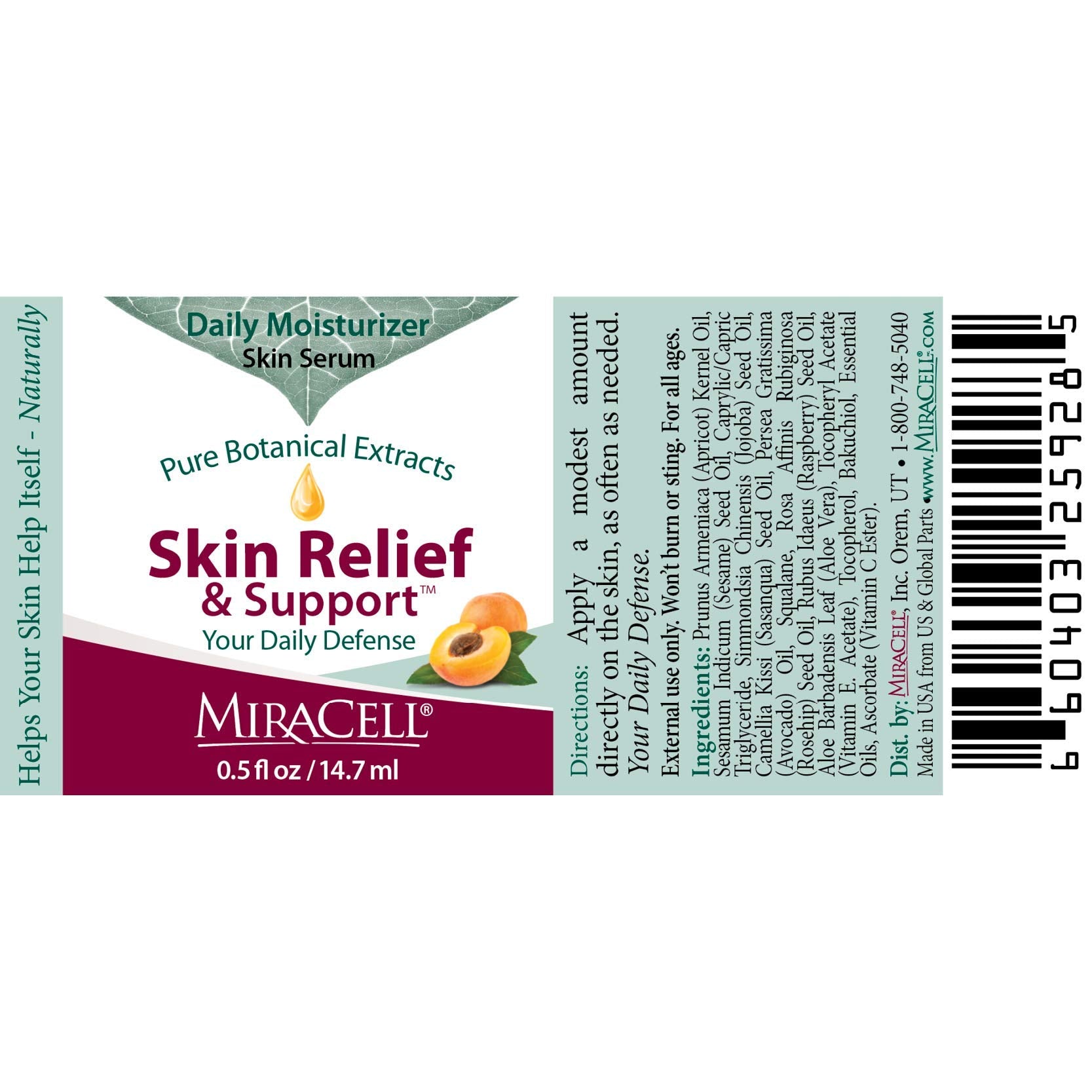 Miracell Skin Relief & Support Oil label detail with clean beauty ingredients.