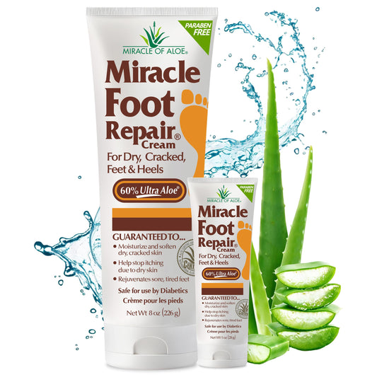Miracle of Aloe Foot Repair Cream bottle close-up shows rich aloe for hydrated feet.