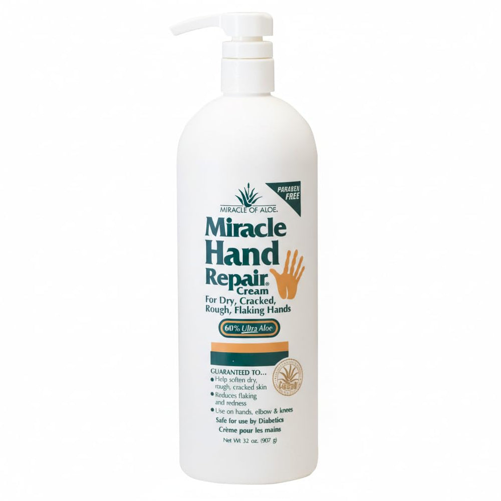 Miracle of Aloe hand repair cream bottle close-up highlighting hydration and application