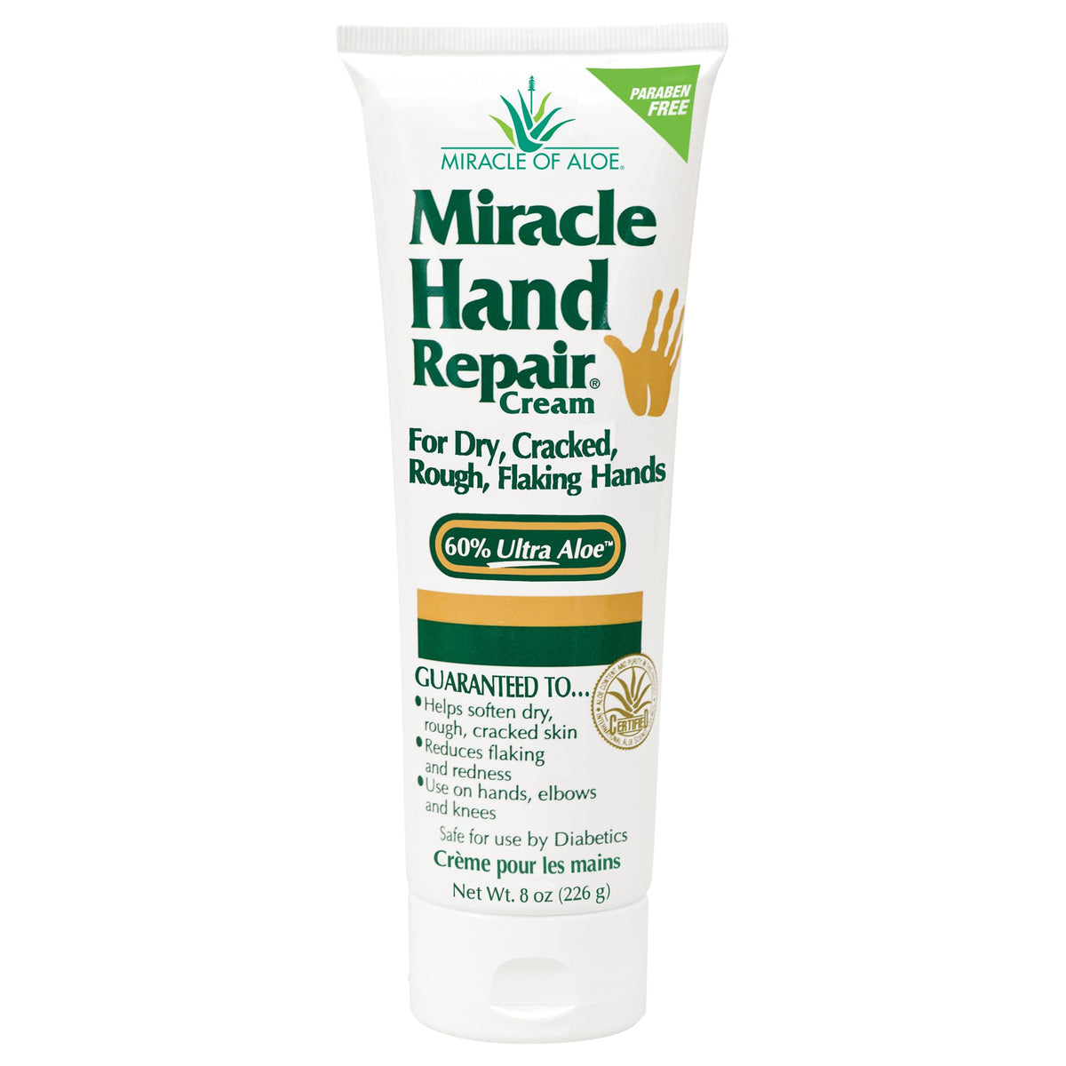 Miracle of Aloe Hand Repair Cream 8oz front label shows premium hydration.