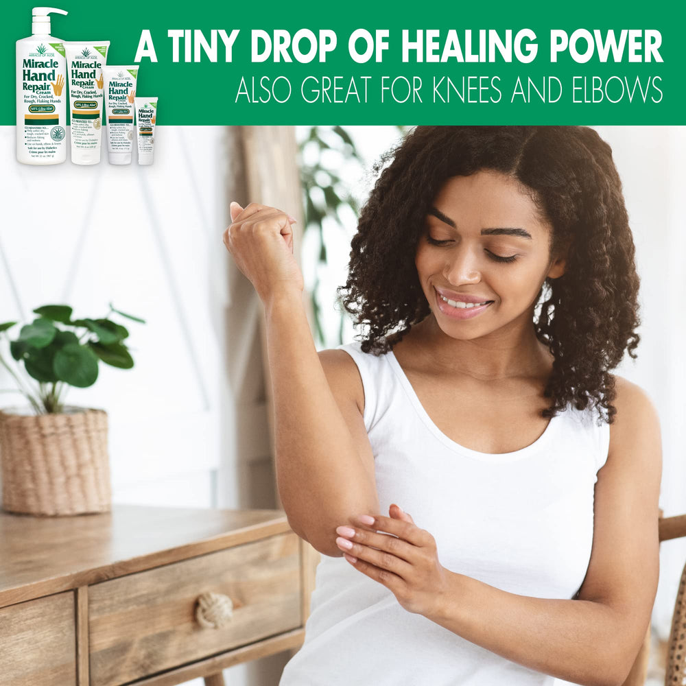 Hands applying Miracle of Aloe on knees and elbows for dry patches
