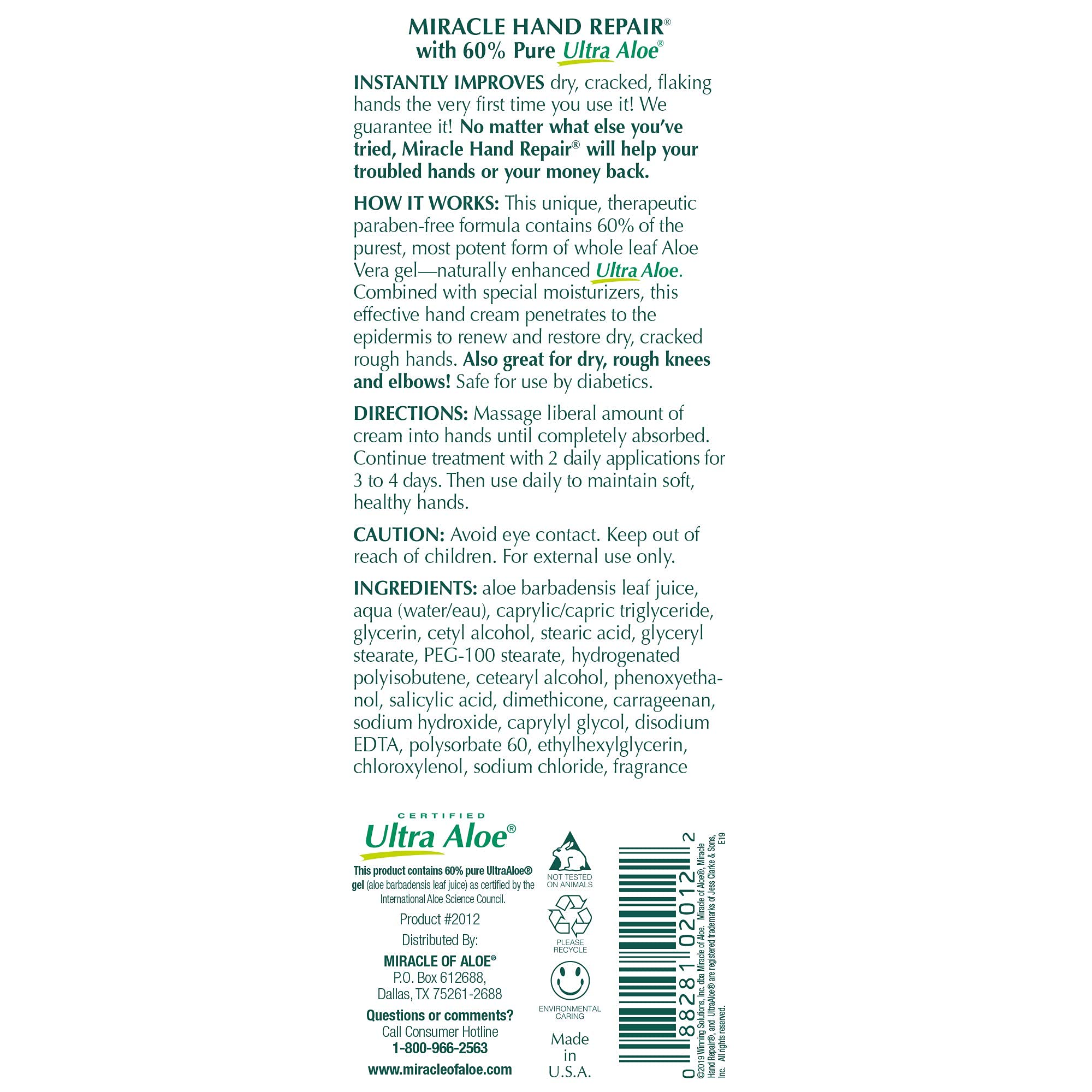 Back packaging details for Miracle of Aloe Hand and Foot Repair