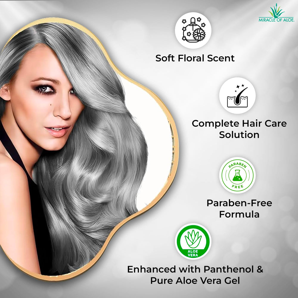 Miracle of Aloe Softly Silver Shampoo duo-pack shows convenient 2-in-1 cleansing and conditioning.