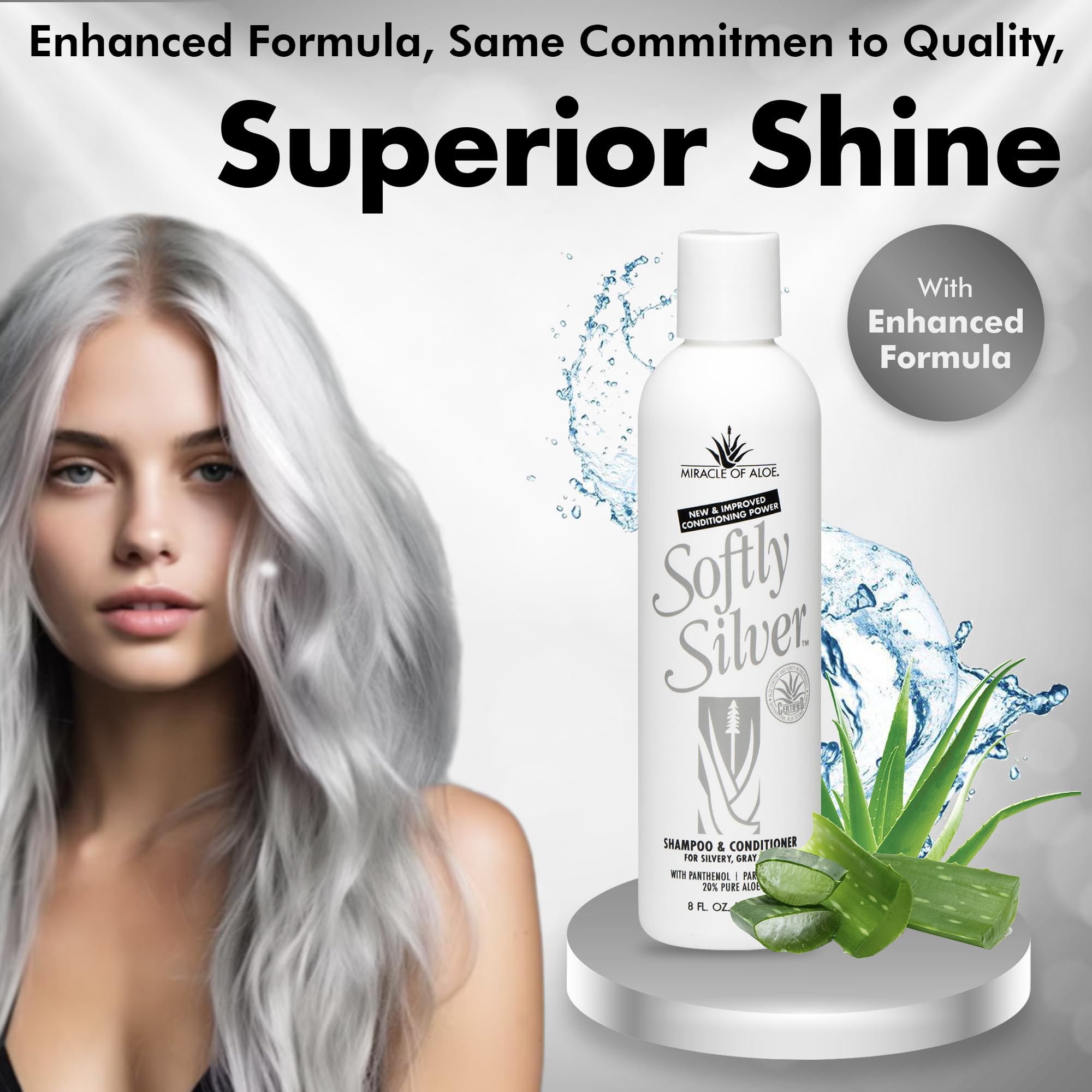 Miracle of Aloe Softly Silver Shampoo packaging details highlight paraben-free formula.