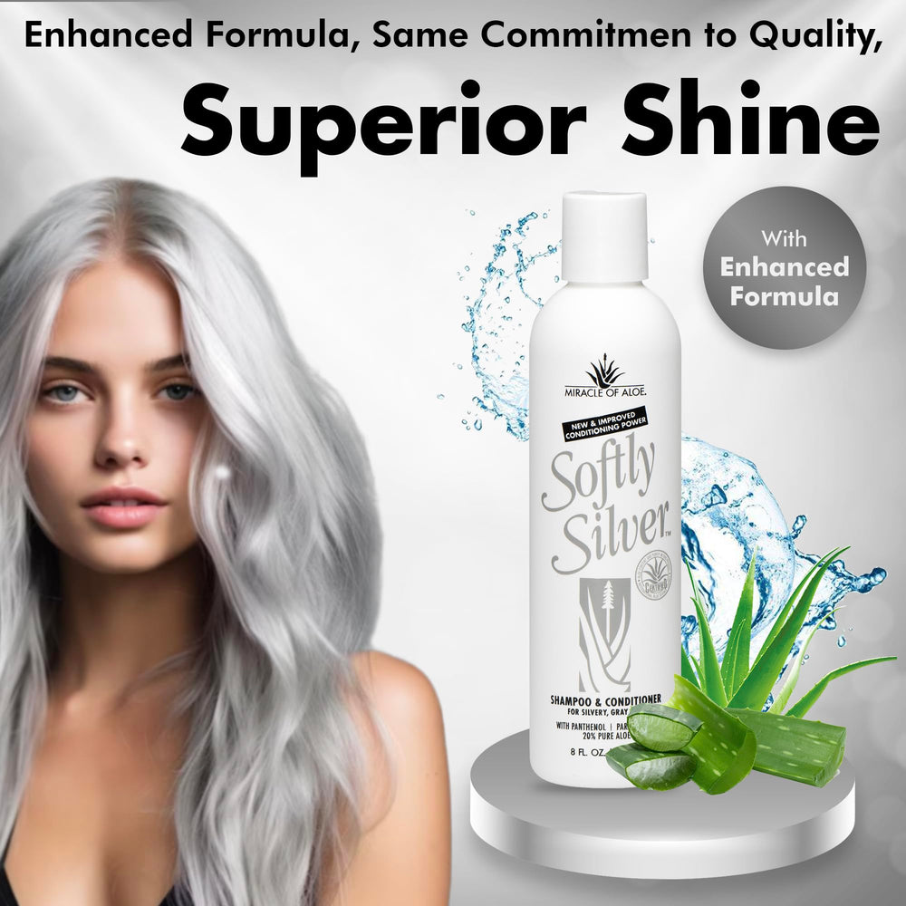 Miracle of Aloe Softly Silver Shampoo packaging details highlight paraben-free formula.