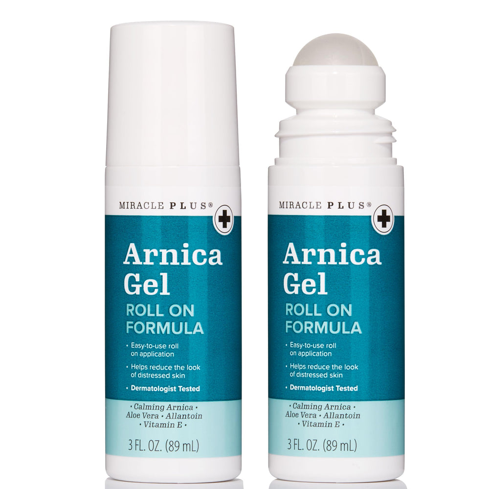 Miracle Plus Arnica Bruise Gel being applied to skin for relief.