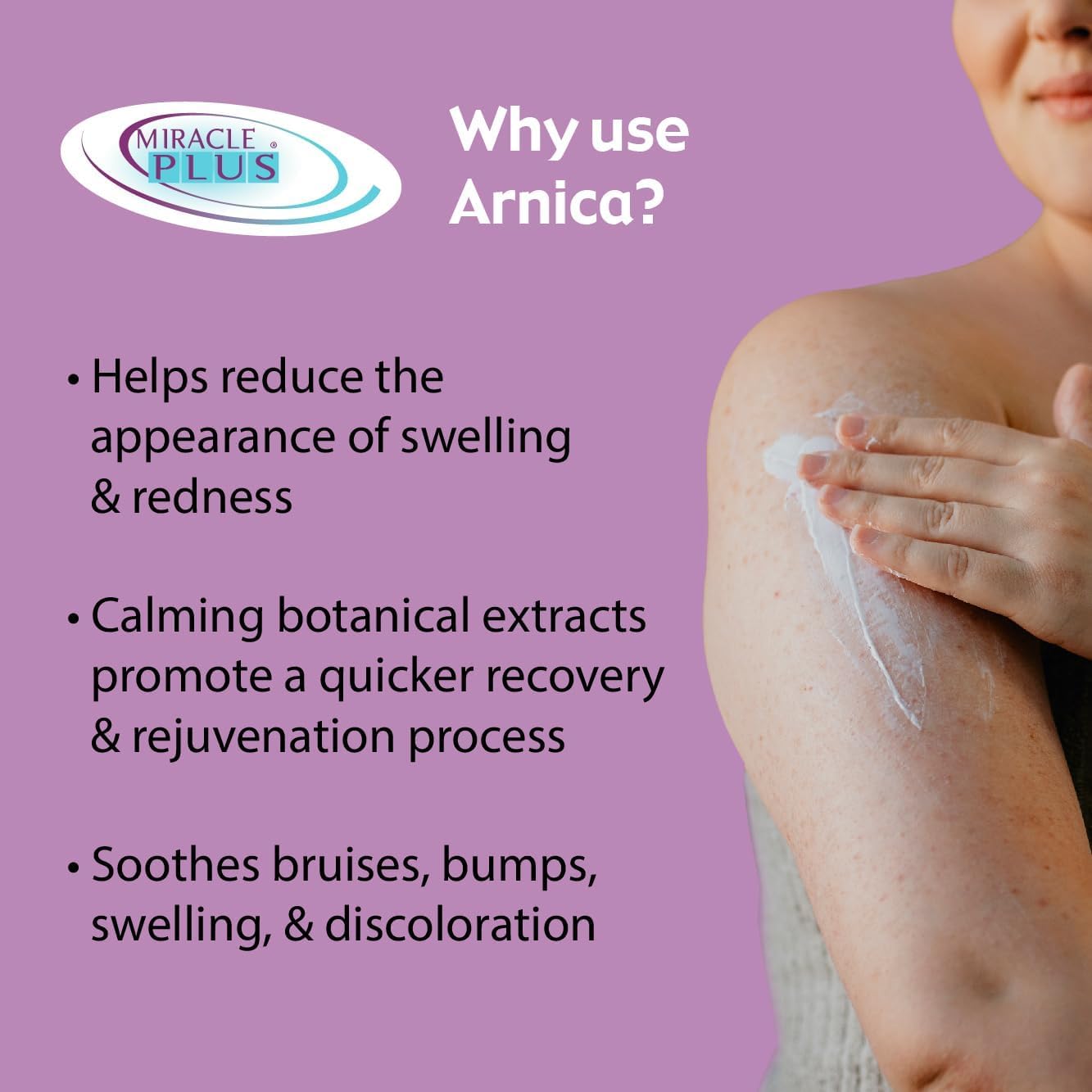 Miracle Plus Arnica Gel bruising swelling visual shows quick-apply gel