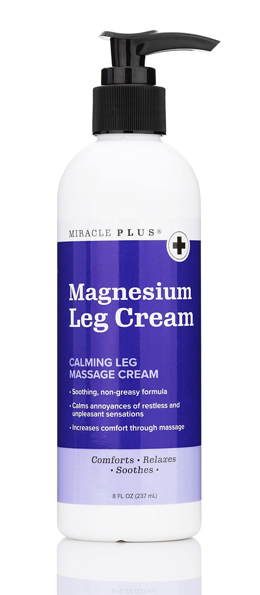 Miracle Plus Magnesium Cream on leg, soothing tired muscles and calming sensations.