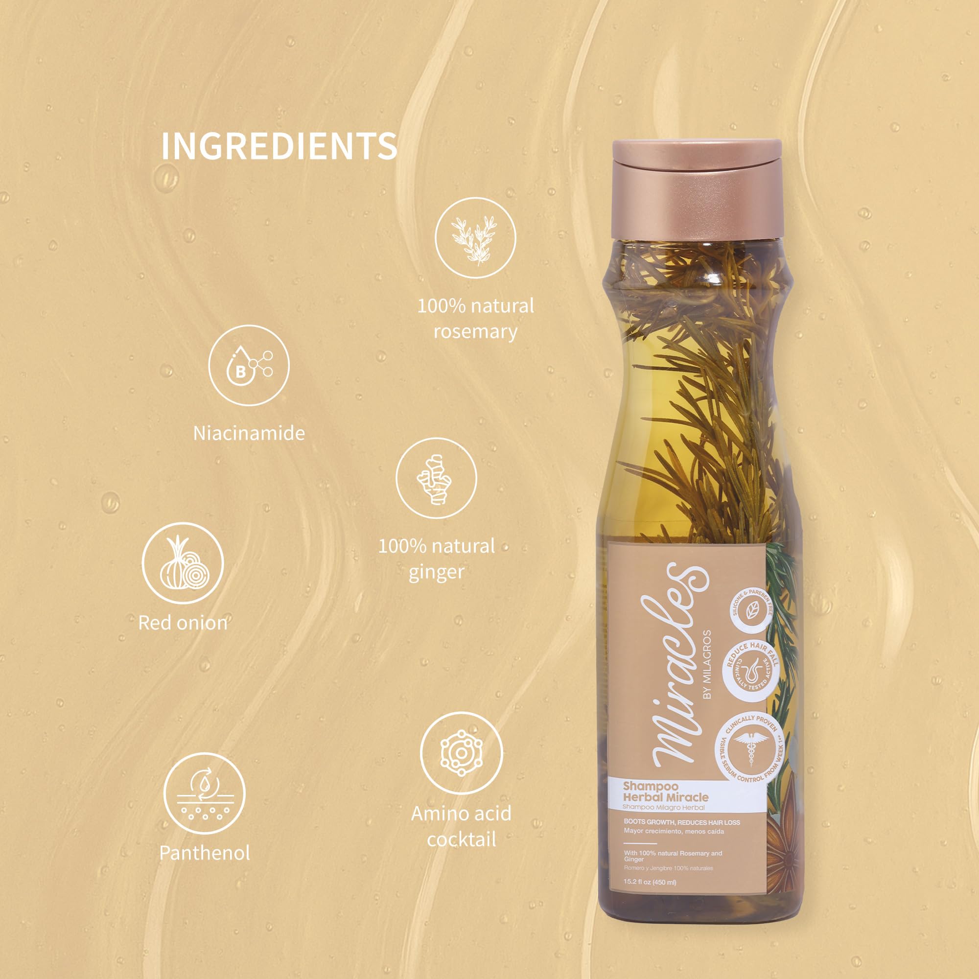 Miracles By Milagros rosemary shampoo ingredients show ginger and red onion for nourishing fragrance.